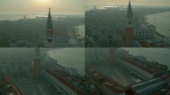 鸟瞰意大利威尼斯日落时的圣马可钟楼和广场。4K