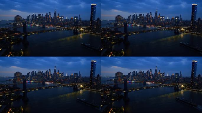 纽约夜景鸟瞰图。曼哈顿市区的摩天大楼。