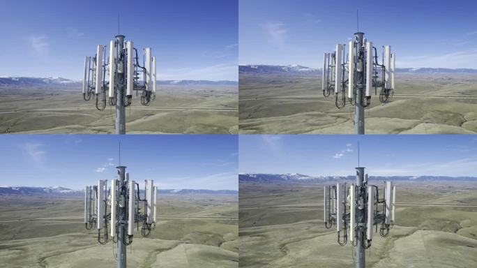 HDR证明无人机拍摄的美国农村4G/5G天线阵列蜂窝塔特写视频