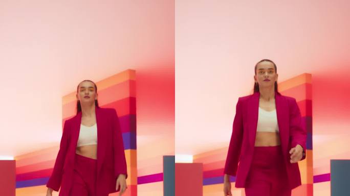 垂直屏幕:跟踪一个时尚的年轻女子在彩色霓虹灯工作室走秀的低角度肖像。时尚女性自信地进出明亮的房间