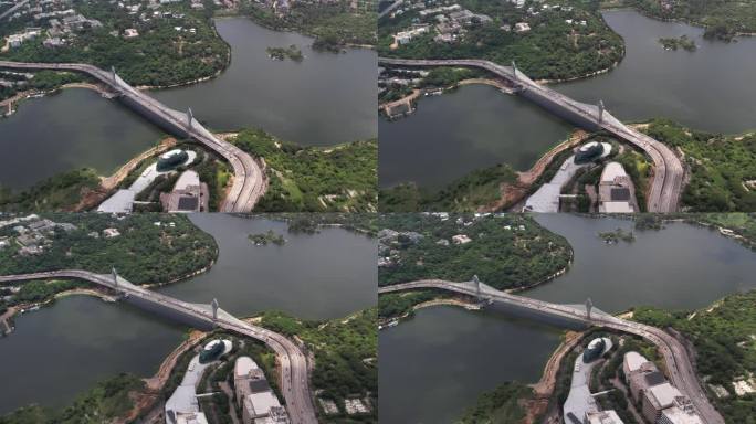 连接Jubilee Hills和Madhapur Durgam Cheruvu电缆桥的航拍画面，该项