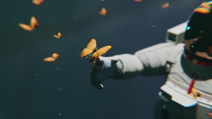 一名宇航员漂浮在太空中，在3D动画中与蝴蝶玩耍