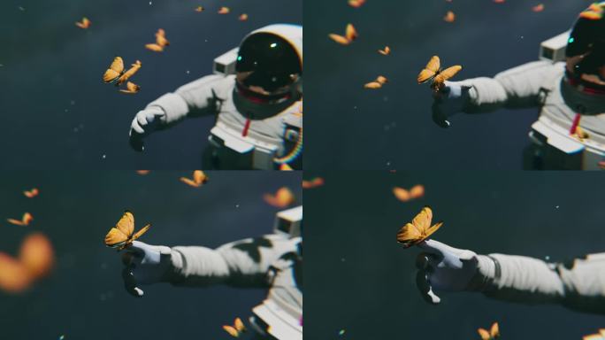 一名宇航员漂浮在太空中，在3D动画中与蝴蝶玩耍