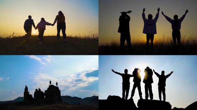 登山团队勇敢前进登山顶 张开双臂拥抱太阳