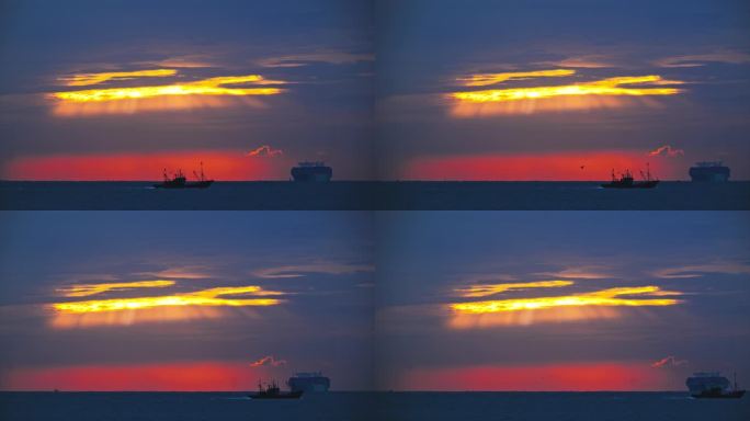 青岛海上日出 青岛港早晨 巨轮航行 新年