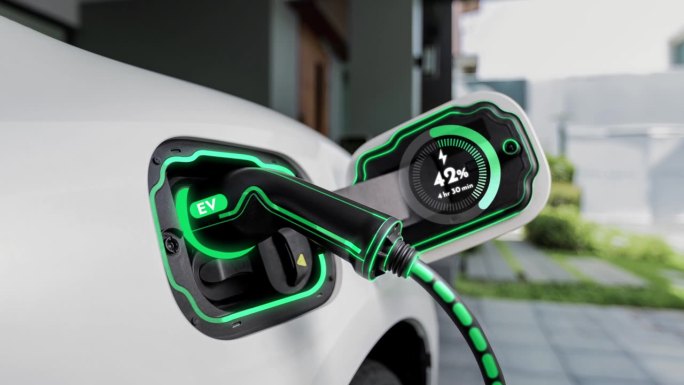 电动汽车在未来的家庭充电站充电。细读