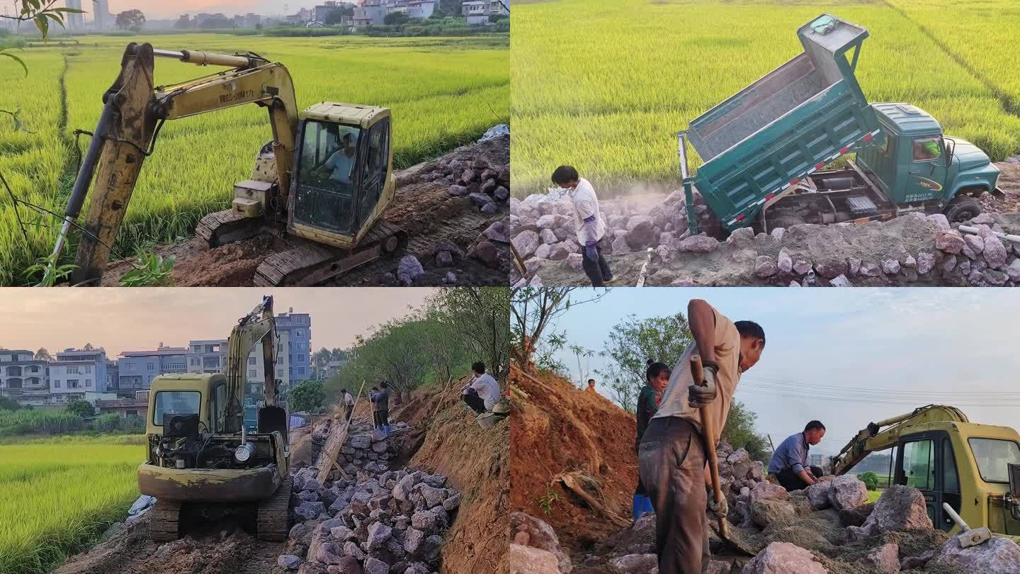 挖掘机农民修路现场施工沙石水泥混凝土工地