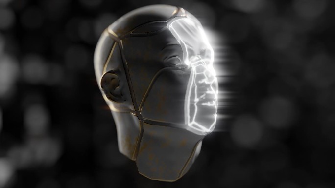 在3D动画中，一个带有面具的破碎人脸