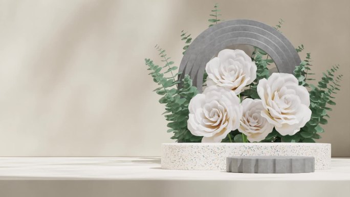 渲染水磨石和混凝土平台的3d素材模板模型，无缝循环阴影动画与白玫瑰和叶子与拱门
