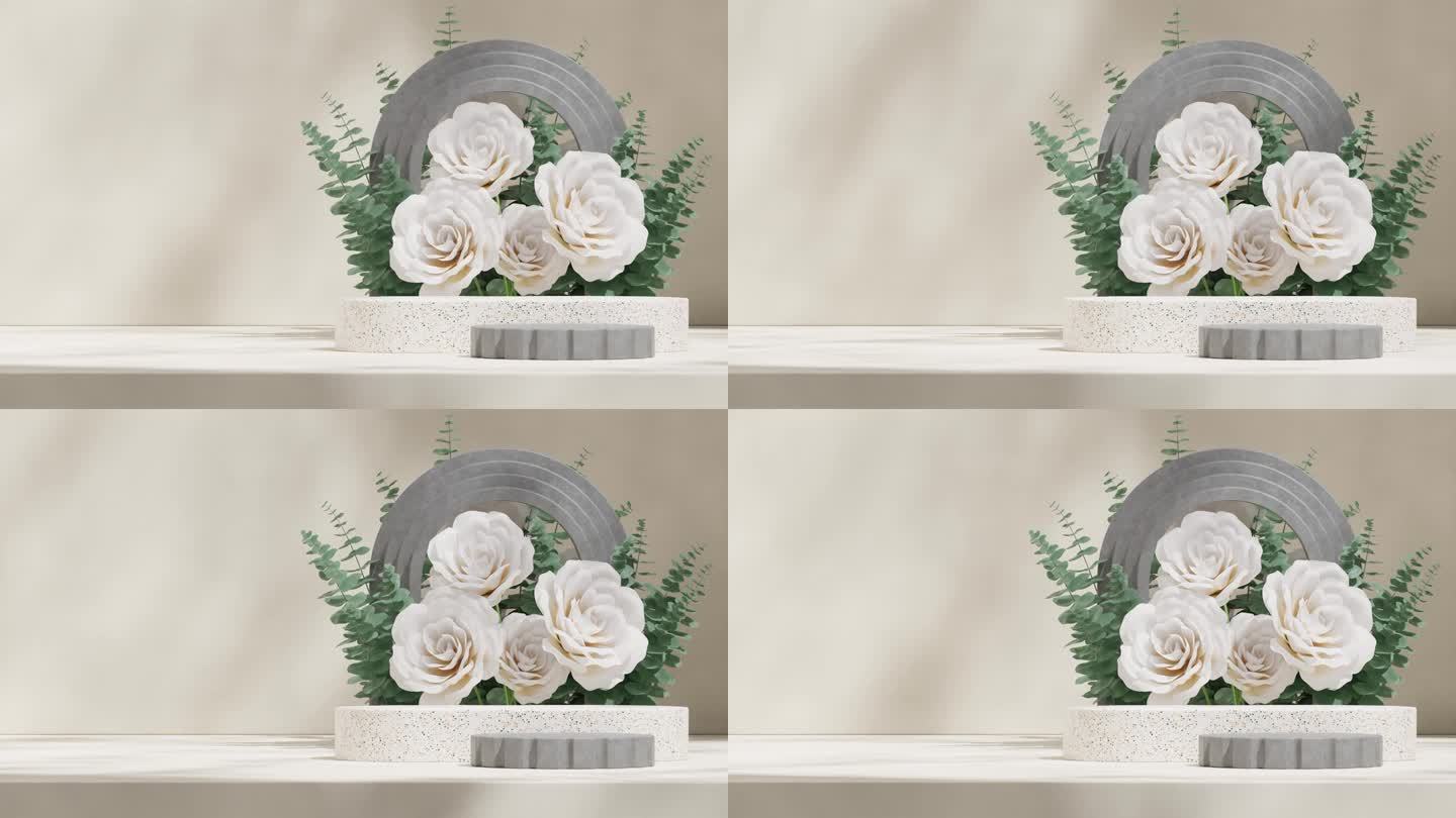 渲染水磨石和混凝土平台的3d素材模板模型，无缝循环阴影动画与白玫瑰和叶子与拱门