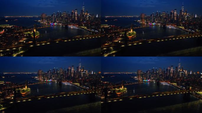 纽约两座连接部分的桥梁。从空中俯瞰的城市夜景。