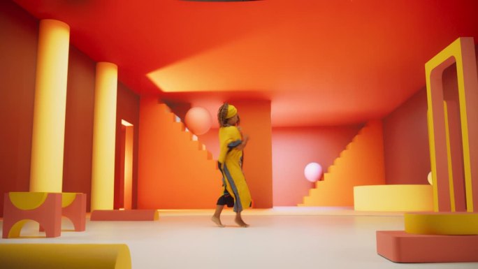 穿着非洲服装的美丽黑人妇女在几何抽象的橙色环境中充满活力地跳舞。创意女性在摄影棚里对着镜头表演现代舞