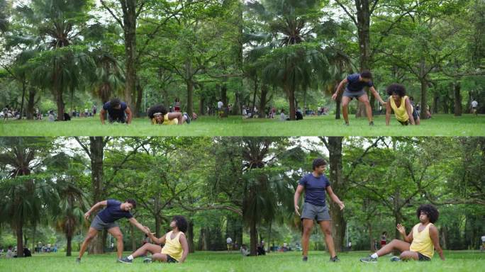 累了的男性朋友一起在公园跑步，都市健康生活方式，运动。激励劳累的朋友减肥