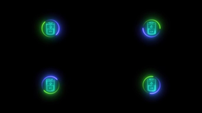 发光的电池符号图标动画。霓虹灯电池标志动画。