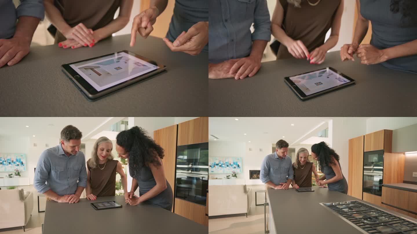 一位女房地产经纪人向一对夫妇展示了一本电子平板电脑上的小册子