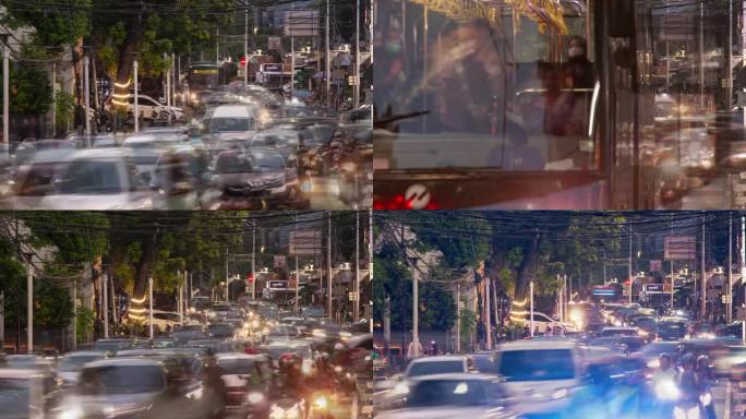 晚间雅加达市中心高峰时段交通街道全景4k延时拍摄印度尼西亚
