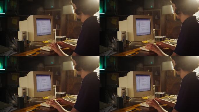白人男性软件工程师在复古车库的旧台式电脑上编程的侧视图。专注于90年代创办科技创业公司的人。在家编码