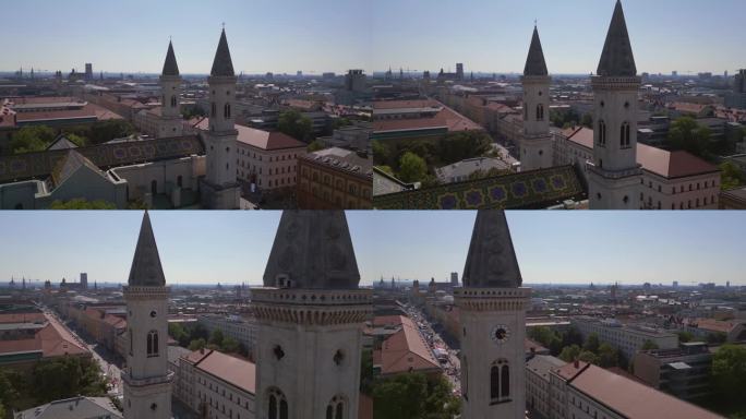 可爱的空中俯瞰飞行
德国慕尼黑巴伐利亚小镇圣路德维希教堂大钟，夏日23日晴空万里。非常近距离飞过的无