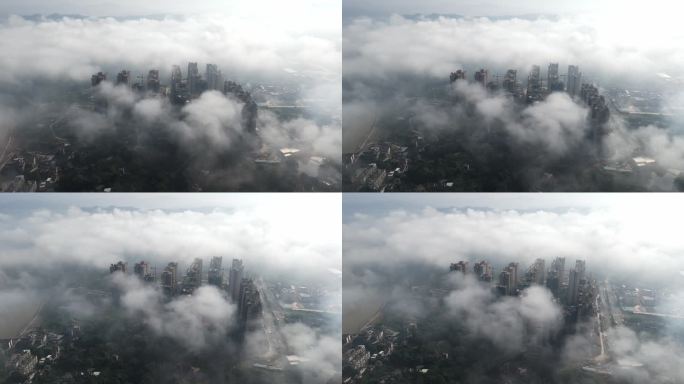 航拍视觉上升到流云面云下房地产楼盘