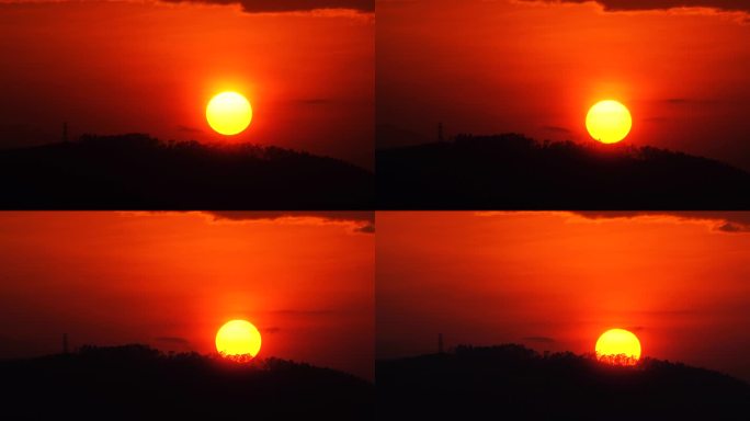 树林日落延时唯美太阳森林夕阳红色天空风景