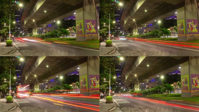 夜间雅加达市中心交通街道道路立交侧全景4k延时印尼