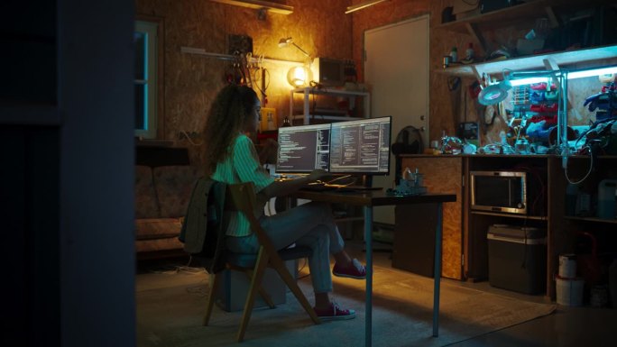 西班牙裔女性软件工程师在自家车库的台式电脑上编写代码。女性在夜间将创新软件作为服务创业公司。企业家创