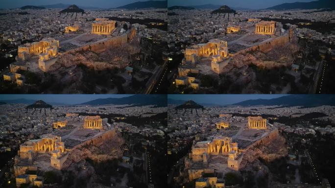 鸟瞰希腊雅典卫城灯火通明的帕台农神庙