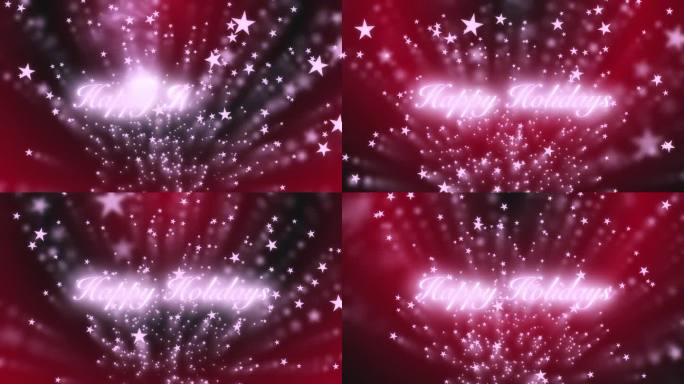 在红色和黑色渐变的背景下，节日快乐的文字出现，同时发光的粉红色星星飞向相机。模糊的动态图像。