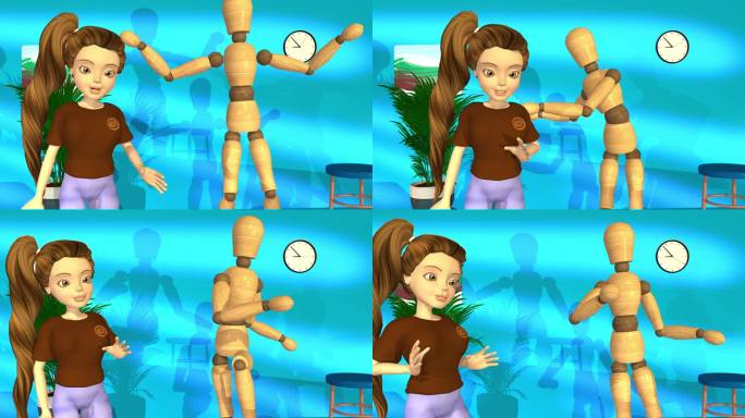 三维动画，一个卡通人物说话，并展示一个木偶练习健身训练