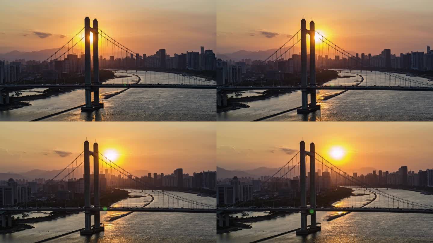 福州鼓山大桥逆光夕阳航拍4K