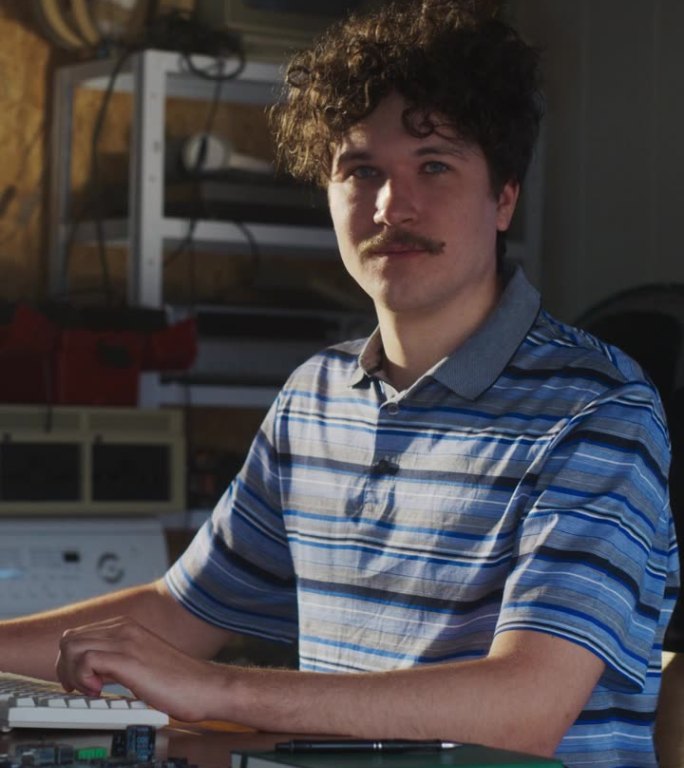 垂直屏幕:白人男性软件工程师在复古车库的旧台式电脑上编程，看着相机，微笑着。一个人在怀旧的90年代创