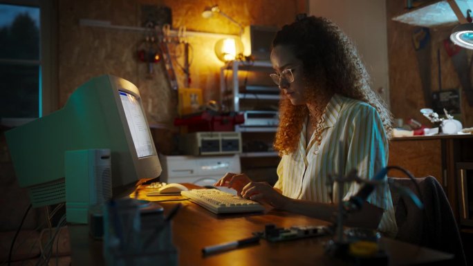 西班牙裔女工程师在九十年代的复古车库使用旧台式电脑。聪明的女人编程，致力于创新的便携式设备，创办科技