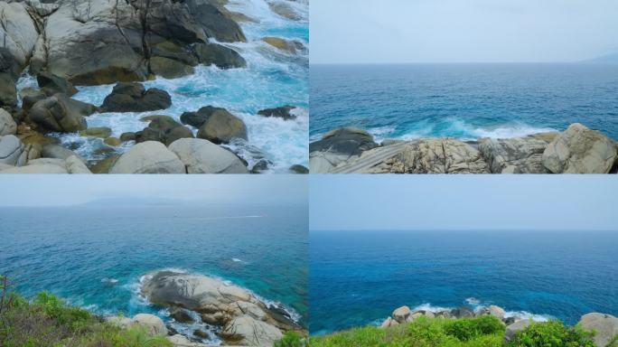 阴天海景大海边蓝色海水海浪拍打礁石岩石