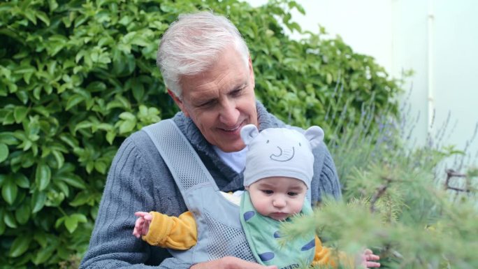 花园，孩子和爷爷在房子的后院照看孩子，作为关心，爱和户外联系在一起。婴儿、老人和退休老人与孩子在大自