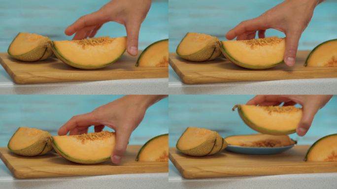 一块甜瓜，一张桌子的特写。瓜子如何去皮、去籽、封闭过程