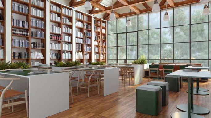 图书馆内部有书架，桌子和椅子