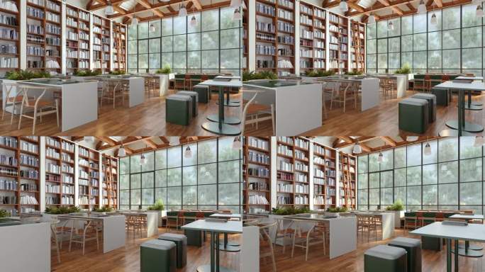 图书馆内部有书架，桌子和椅子