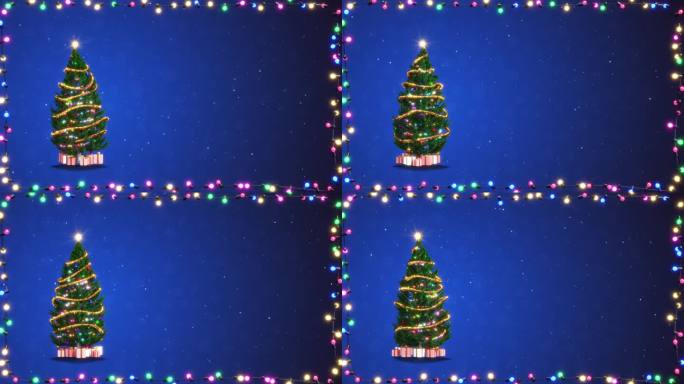 圣诞贺卡与现实的圣诞树和闪烁的灯光框架在蓝色背景