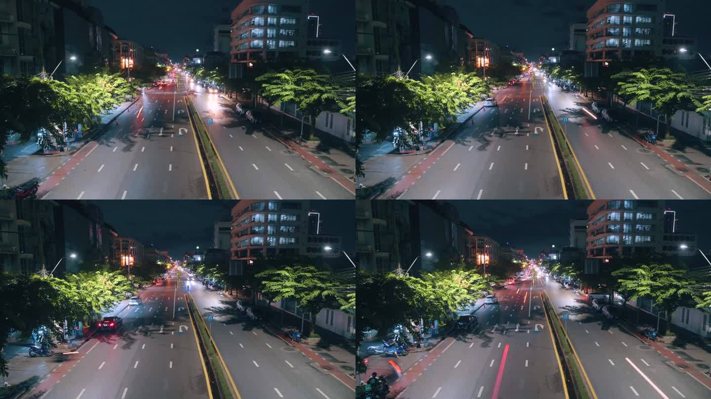 泰国曼谷城市交通的夜间延时摄影。泰国曼谷的城市景观，夜间交通堵塞的时间推移。城市交通生活方式