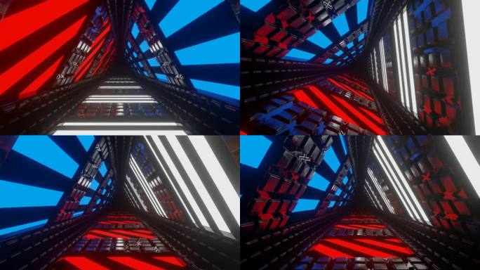红、蓝、白旋转发光屏幕三角形隧道背景VJ循环在4K