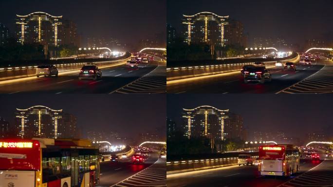 晚上广州车流车辆缓慢行驶广州大道