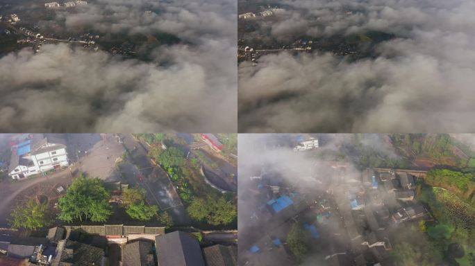 重庆合川涞滩古镇平流雾航拍