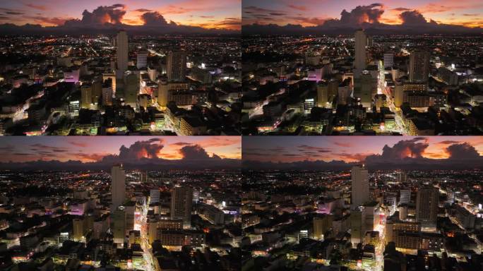 空中拍摄的日落场景，泰国南部宋卡省哈泰伊市中心的核心建筑，金融区的摩天大楼和办公楼