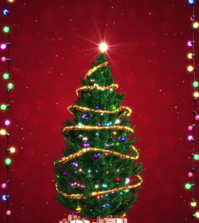 圣诞贺卡与现实的圣诞树和闪烁的光框架在红色背景垂直格式