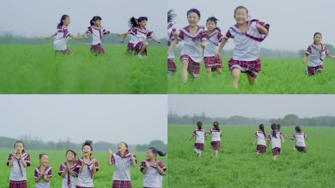 少女青少年在草地上奔跑鼓掌欢呼开心的笑