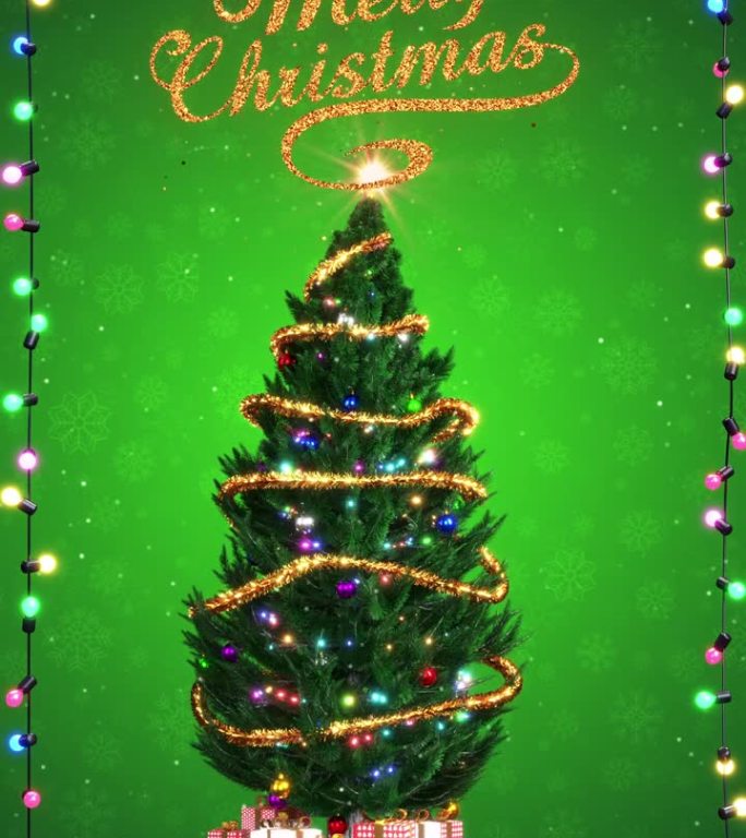 圣诞贺卡与现实的圣诞树和闪烁的光框架在绿色背景垂直格式