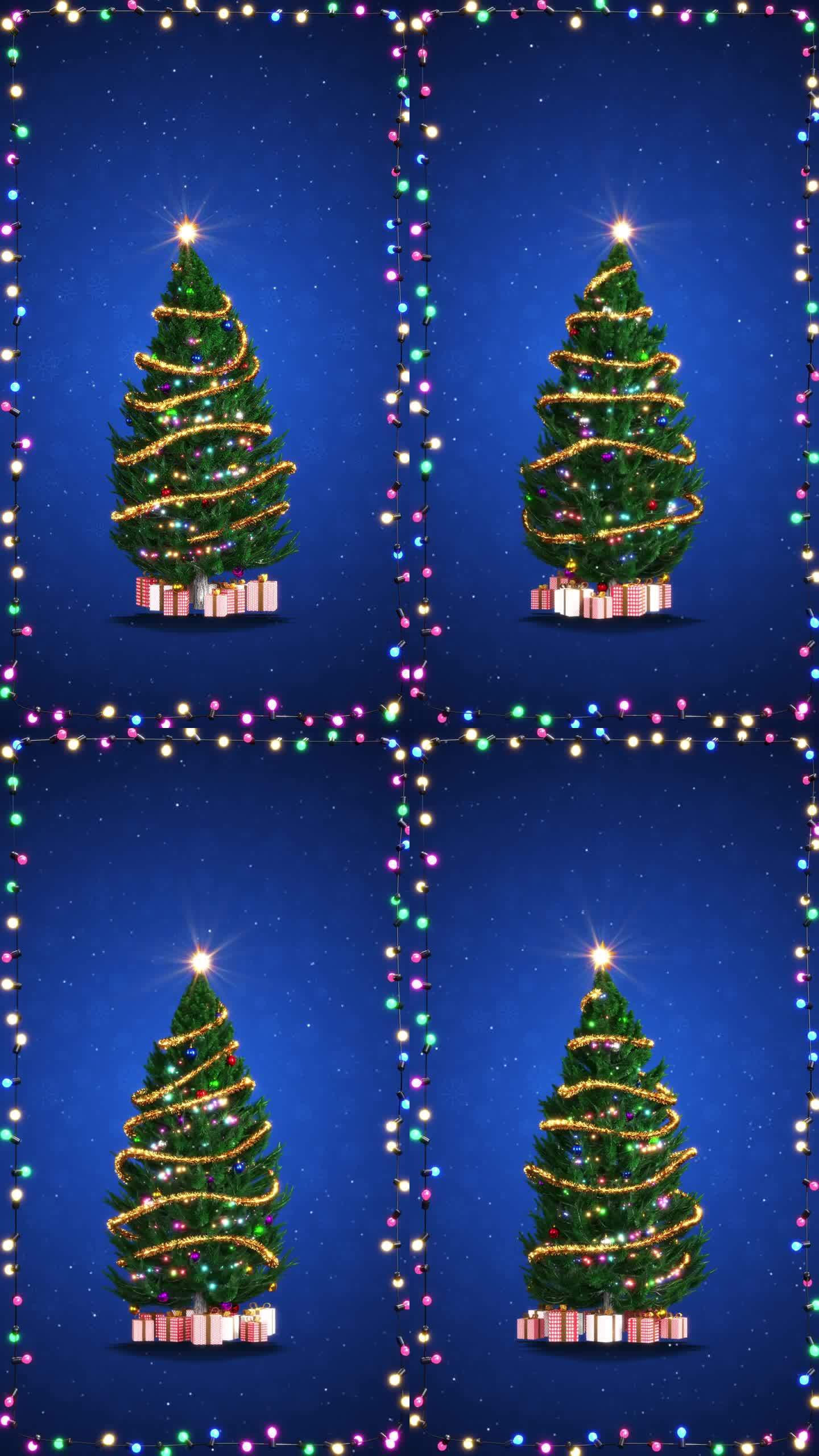圣诞贺卡与现实的圣诞树和闪烁的光框架在蓝色背景垂直格式