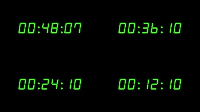 6位60秒(1分钟)数字时钟倒计时计时器。黑色bg上的绿色数字