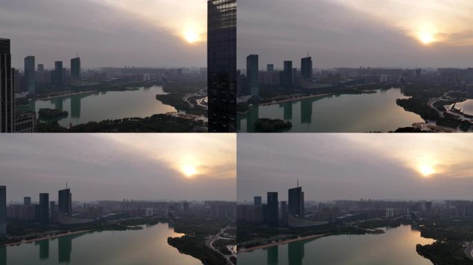 合肥政务区夕阳下的天鹅湖