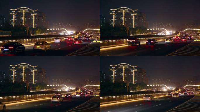 晚上广州车流车辆缓慢行驶广州大桥
